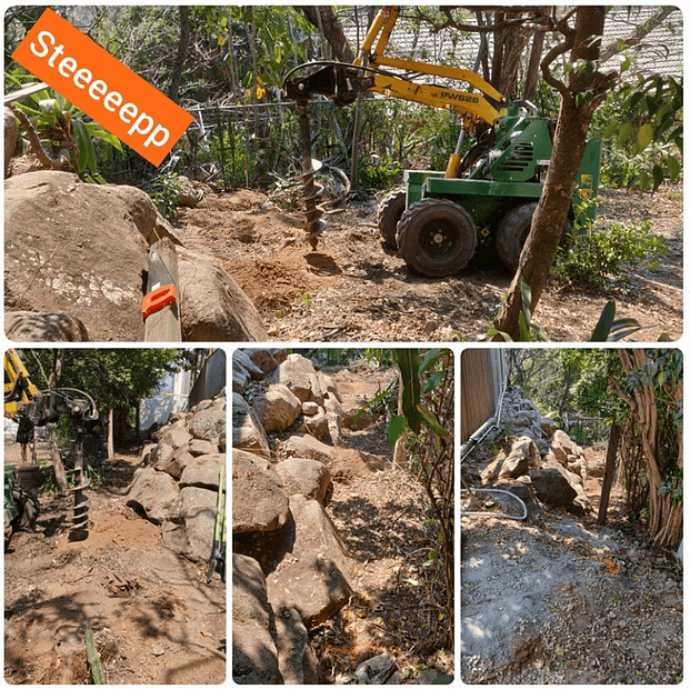 Putting in a new fence in a far from ideal spot on a steep slope pushed the kanga to its limits but with caution and persistence