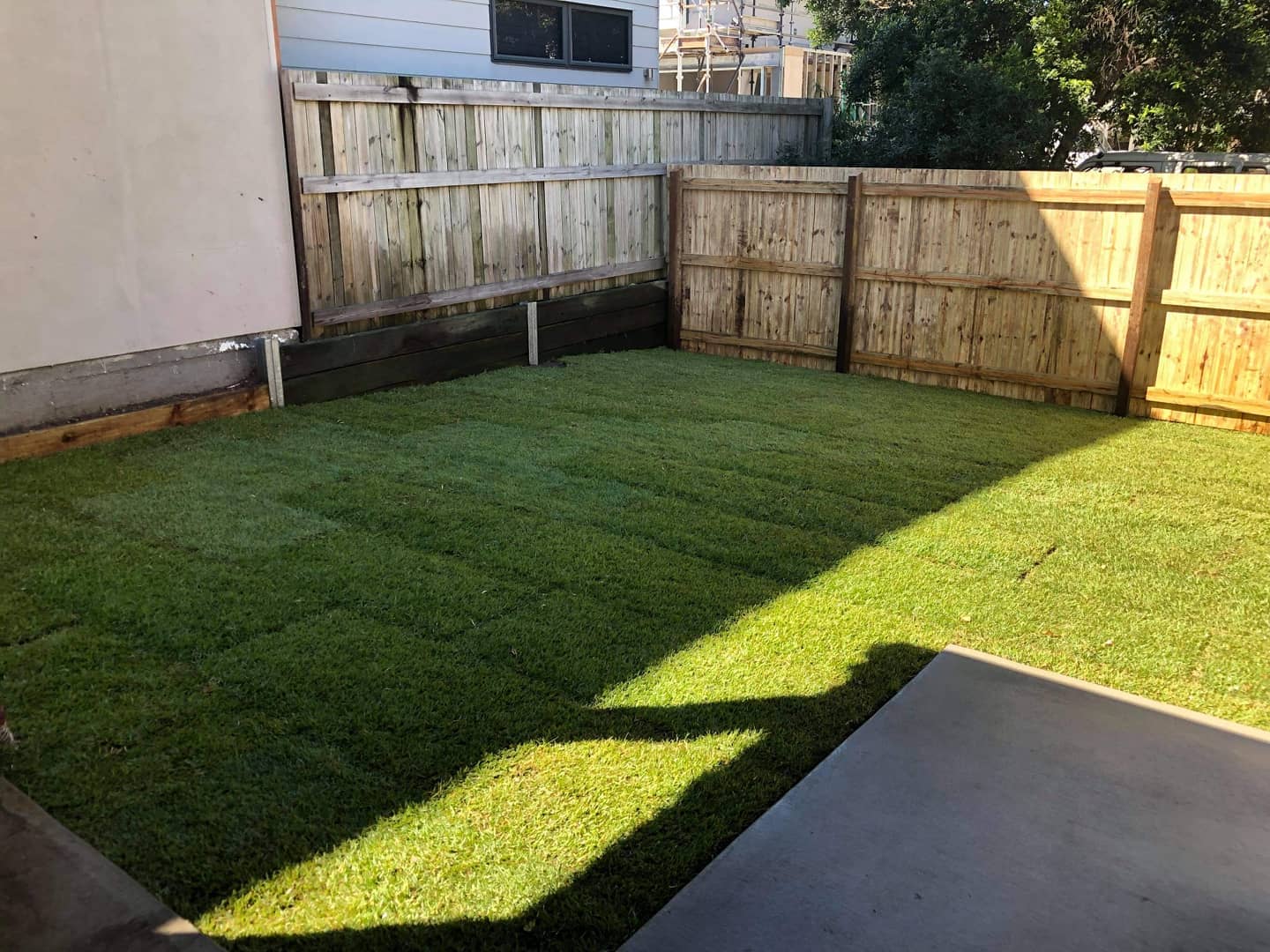 Timber fence concrete entrance stepping stones and front grass